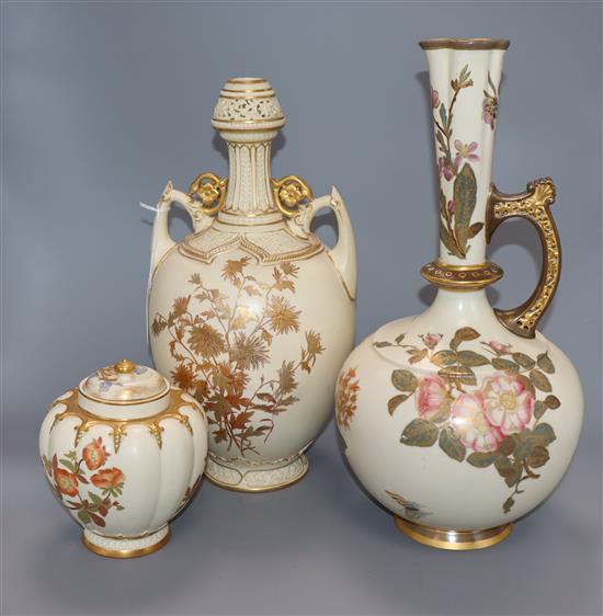 Two Royal worcester vases and a lidded pot